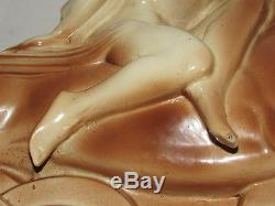 06c23 Old Statue Naked Woman On Horse Ceramic Art Deco Signed Lemanceau