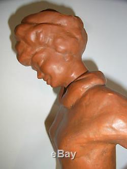 08b46 Old Statue Terracotta Woman And Child On The Beach Art Deco Sign