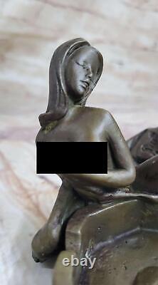 100% Solid Bronze Art Deco Woman and Skeleton Ashtray Sculpture Desk Decor Nude