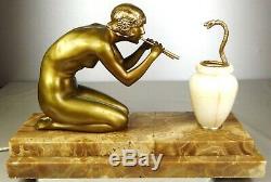 1920/1930 C Mirval Statue Sculpture Lamp Art Deco Bronze Dore Female Naked Snake