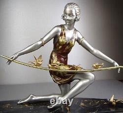 1920/1930 G. Arisse Belle Statue Sculpture Epq. Art Deco Woman Birds Birds Oiseliere