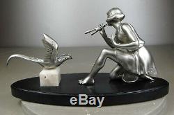 1920-1930 Geo Maxim G. Omerth Rar Statue Sculpture Art Deco Woman Bird Trumpet