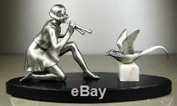 1920-1930 Geo Maxim G. Omerth Rar Statue Sculpture Art Deco Woman Bird Trumpet