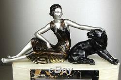 1920/1930 Limousin Pendulum Sculpture Statue Art Deco Woman Black Panther Felin