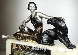 1920/1930 Limousin Pendulum Sculpture Statue Art Deco Woman Black Panther Felin