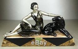 1920/1930 Limousin Spb Rare Statue Sculpture Art Deco Woman Black Panther Felin