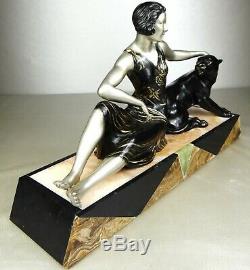 1920/1930 Limousin Spb Rare Statue Sculpture Art Deco Woman Black Panther Felin