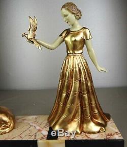 1920-1930 Limousin Statue Sculpture Art Deco Patina Chryselephantine Bird Woman