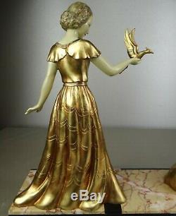 1920-1930 Limousin Statue Sculpture Art Deco Patina Chryselephantine Bird Woman