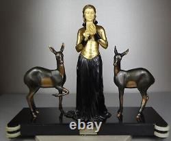 1920/1930 Menneville Statue Sculpture EPQ Art Deco Elegant Woman Reading Deer