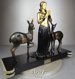 1920/1930 Menneville Statue Sculpture EPQ Art Deco Elegant Woman Reading Deer