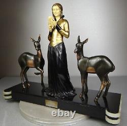 1920/1930 Menneville Statue Sculpture EPQ Art Deco Elegant Woman Reading Deer