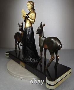 1920/1930 Menneville Statue Sculpture EPQ Art Deco Elegant Woman Reading Deer