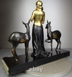 1920/1930 Menneville Statue Sculpture EPQ Art Deco Elegant Woman Reading Deer