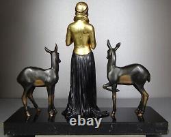 1920/1930 Menneville Statue Sculpture EPQ Art Deco Elegant Woman Reading Deer