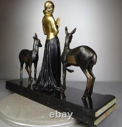 1920/1930 Menneville Statue Sculpture EPQ Art Deco Elegant Woman Reading Deer