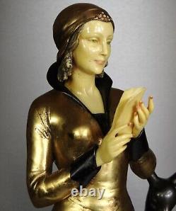 1920/1930 Menneville Statue Sculpture EPQ Art Deco Elegant Woman Reading Deer