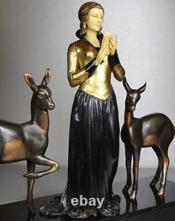 1920/1930 Menneville Statue Sculpture EPQ Art Deco Elegant Woman Reading Deer