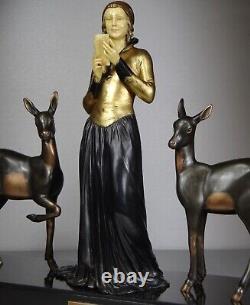 1920/1930 Menneville Statue Sculpture EPQ Art Deco Elegant Woman Reading Deer