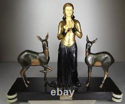 1920/1930 Menneville Statue Sculpture EPQ Art Deco Elegant Woman Reading Deer