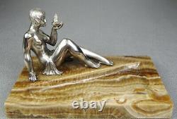 1920/1930 P. Le Faguays Rare Statue Sculpture Art Deco Bronze Silver Woman Nude
