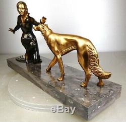 1920-1930 Roggia Menneville Statue Sculpture Art Deco Femme Elegante Borzoi Dog