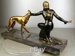 1920-1930 Roggia Menneville Statue Sculpture Art Deco Femme Elegante Borzoi Dog