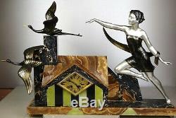 1920/1930 Uriano Rare Pendulum Sculpture Statue Art Deco Woman Elegante Storks