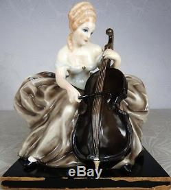 1920/30 Pugi Statue Sculpture Art Deco Woman Cello No Cacciapuoti Earthenware