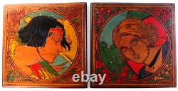 2 Art Deco Panels Portrait of Woman Pyrograved Signed Fouchet Painting Carved 1930