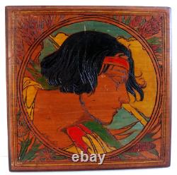 2 Art Deco Panels Portrait of Woman Pyrograved Signed Fouchet Painting Carved 1930