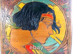 2 Art Deco Panels Portrait of Woman Pyrograved Signed Fouchet Painting Carved 1930