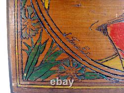 2 Art Deco Panels Portrait of Woman Pyrograved Signed Fouchet Painting Carved 1930