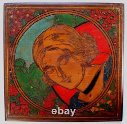 2 Art Deco Panels Portrait of Woman Pyrograved Signed Fouchet Painting Carved 1930