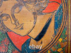 2 Art Deco Panels Portrait of Woman Pyrograved Signed Fouchet Painting Carved 1930