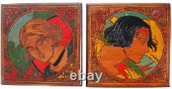 2 Art Deco Panels Portrait of Woman Pyrograved Signed Fouchet Painting Carved 1930