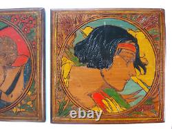 2 Art Deco Panels Portrait of Woman Pyrograved Signed Fouchet Painting Carved 1930