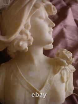 A. Saccardi Sculpture Bust Art Deco In Alabaster Or Marble Woman Hat & Pink