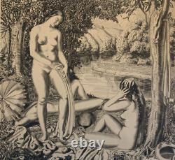 ART DECO Large etching signed Nude Women circa 1925 Large 50 x 60 cm