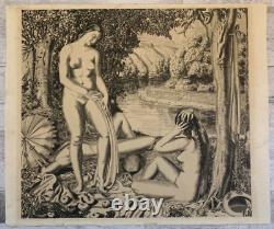 ART DECO Large etching signed Nude Women circa 1925 Large 50 x 60 cm