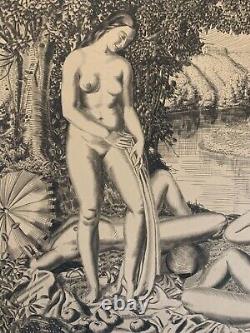 ART DECO Large etching signed Nude Women circa 1925 Large 50 x 60 cm