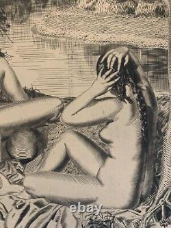 ART DECO Large etching signed Nude Women circa 1925 Large 50 x 60 cm