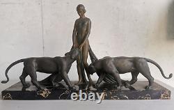 ART DECO Sculpture BRONZE Alexandre OULINE woman with panthers Maiden Panthers