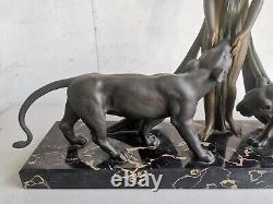 ART DECO Sculpture BRONZE Alexandre OULINE woman with panthers Maiden Panthers