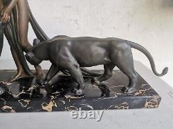 ART DECO Sculpture BRONZE Alexandre OULINE woman with panthers Maiden Panthers