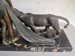 ART DECO Sculpture BRONZE Alexandre OULINE woman with panthers Maiden Panthers