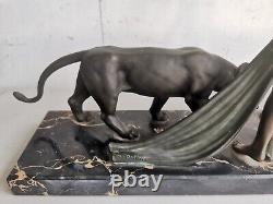 ART DECO Sculpture BRONZE Alexandre OULINE woman with panthers Maiden Panthers