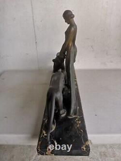 ART DECO Sculpture BRONZE Alexandre OULINE woman with panthers Maiden Panthers