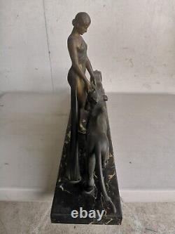 ART DECO Sculpture BRONZE Alexandre OULINE woman with panthers Maiden Panthers