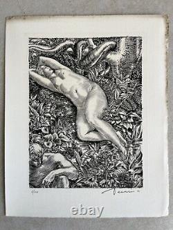 Albert Decaris Etching Etching Eve and Serpent Nude Woman Study Art Deco